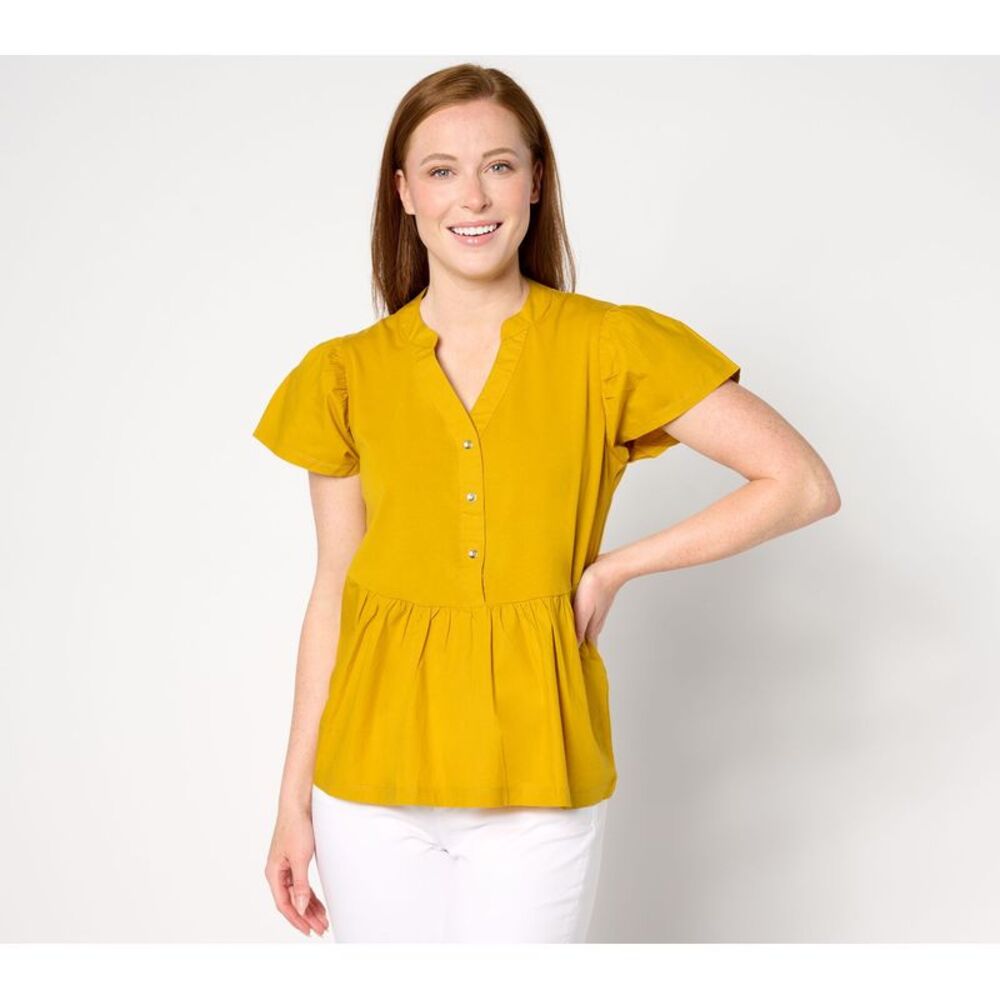 Top Knot Women's Sz 2XS (XXS) Flutter Sleeve Knit & Woven Henley Yellow A643853
